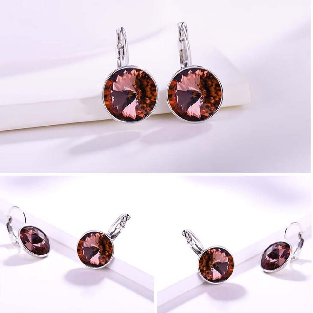 Silver Round Garnet Brown Diamond Crystal Drop Hoop Earrings Gorgeous Gift - Picture 5 of 6